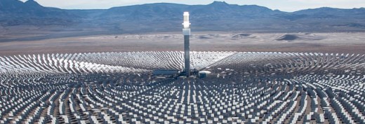 A close up view of Solar Reserves Solar Thermal Tower in Nevada